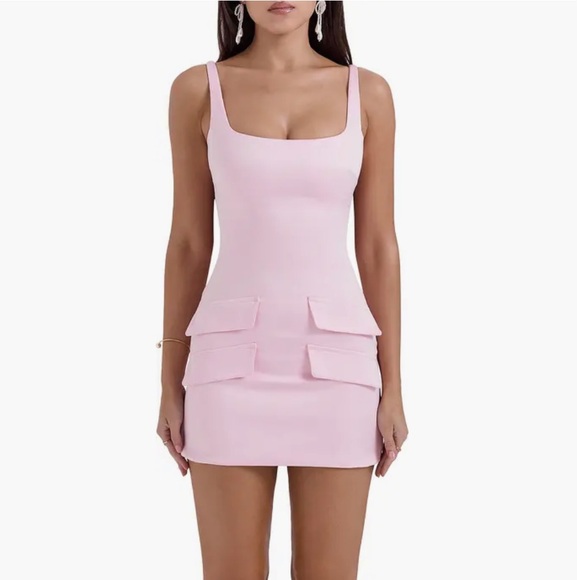 House of CB - COSETTE Rose Pink Satin Mini Dress - size L Long Length - Picture 1 of 8